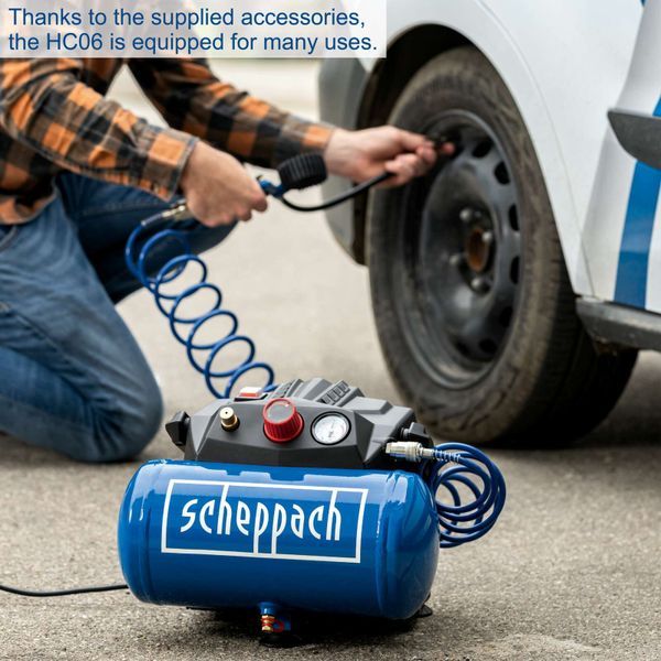 Scheppach HC06 Air Compressor, 1200W, 6L, 8 Bar, 200L/min, Accessory Kit